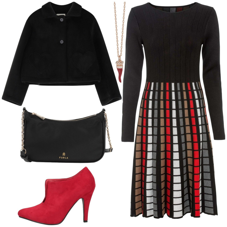 Outfit donna - Tronchetto rosso. Stile Glamour per Serata fuori. Abbinamento con vestiti, décolleté, borse a tracolla, collane, blazer.