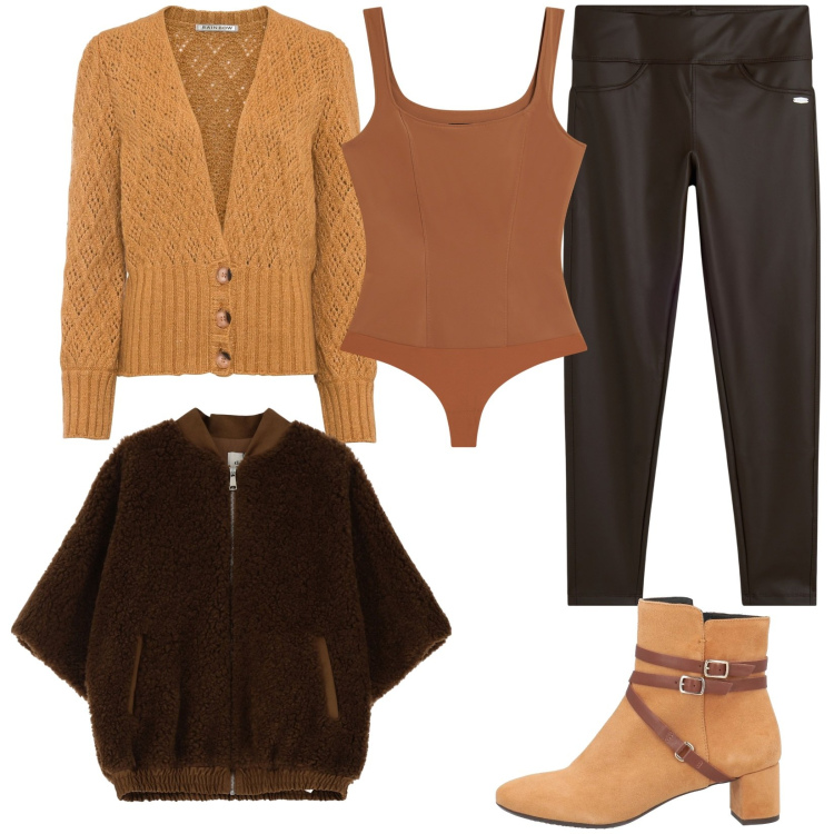 Outfit donna - Bomber in ecopelliccia. Stile Urban per Tutti i giorni. Abbinamento con cardigans, stivaletti, leggings, body, bomber.