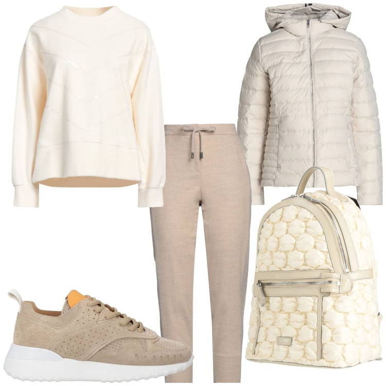 Outfit donna - Passeggiate. Stile Casual chic per Tutti i giorni. Abbinamento con zaini, piumini, pantaloni, felpe, sneakers.