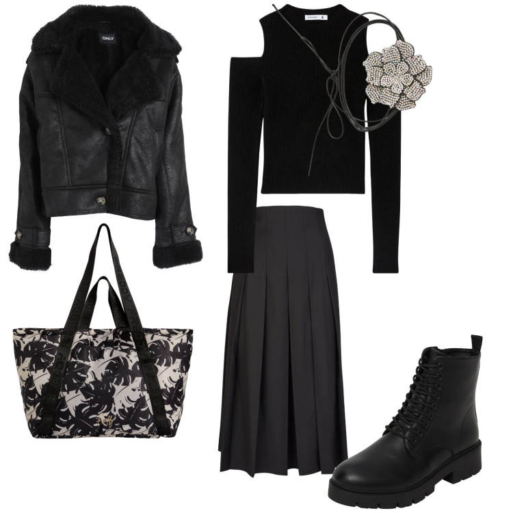 Outfit donna - Il nero che mi piace. per Tutti i giorni. Abbinamento con blazer, collane, maglieria, anfibi, shopping bag, gonne longuette.