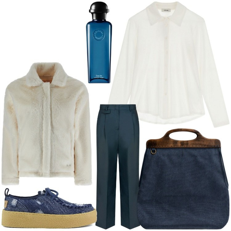 Outfit donna - Profumo di blu. Stile Casual chic per Ufficio. Abbinamento con profumi, camicie, cappotti, mocassini, borse a tracolla, pantaloni.