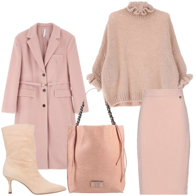 Outfit donna - Lady rosa. Stile Chic per Ufficio. Abbinamento con stivaletti, gonne longuette, borse a mano, maglieria, cappotti.