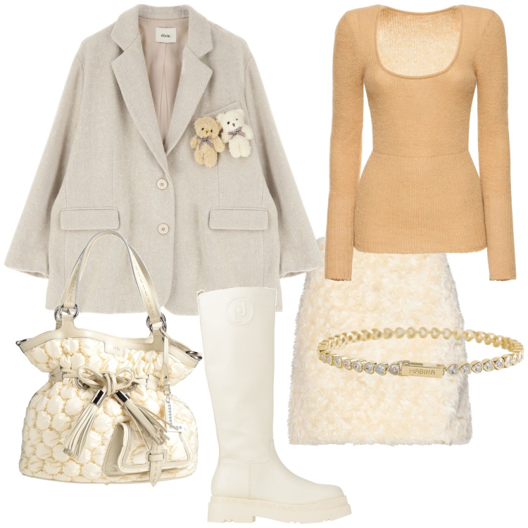 Outfit donna - I love Teddy bear. Stile Trendy per Tutti i giorni. Abbinamento con stivali, minigonne, borse a secchiello, braccialetti, blazer, maglieria.