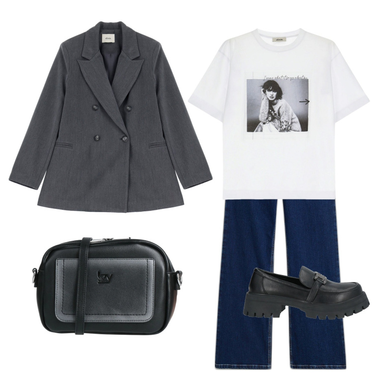 Outfit donna - Passeggiata in centro. Stile Casual chic per Tutti i giorni. Abbinamento con jeans, mocassini, borse a tracolla, t-shirt, blazer.