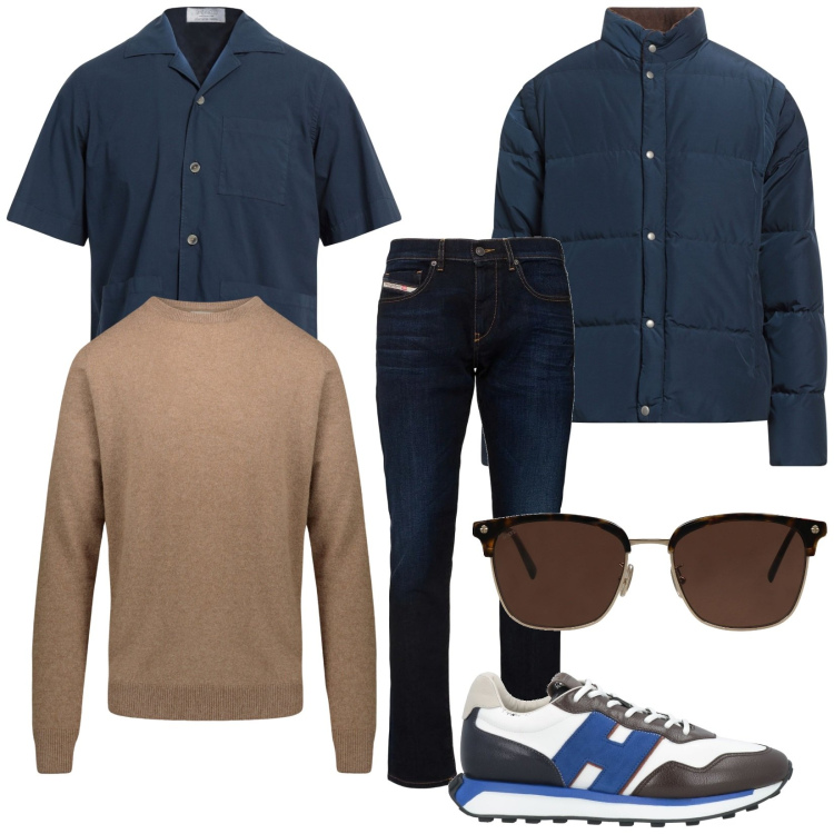 Outfit uomo - Passeggiando. Stile Casual per Tutti i giorni. Abbinamento con piumini, occhiali da sole, camicie a manica corta, sneakers, maglieria, jeans slim fit.