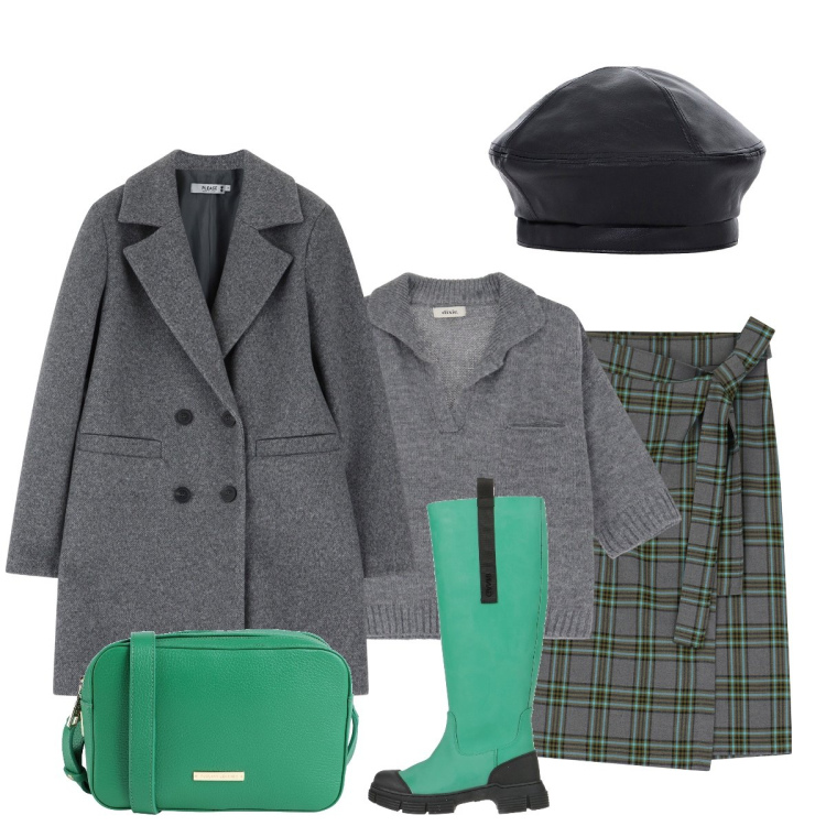 Outfit donna - Accostamento originale. Stile Urban per Tutti i giorni. Abbinamento con stivali di gomma, borse a tracolla, cappotti, gonne longuette, cappelli e berretti, maglieria.