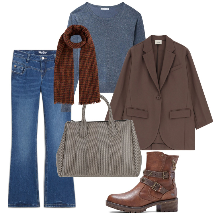 Outfit donna - Gennaio con le amiche. Stile Casual chic per Tutti i giorni. Abbinamento con jeans bootcut, stivaletti, borse a mano, maglieria, blazer, sciarpe.