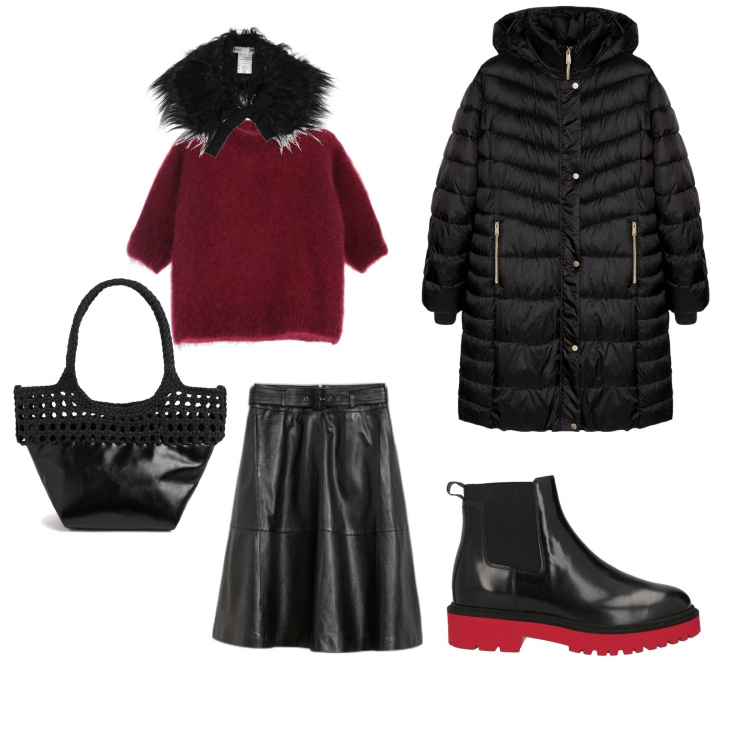 Outfit donna - Un po\' freddo. per Tutti i giorni. Abbinamento con gonne, stivaletti chelsea, sciarpe, maglieria, piumini, shopping bag.