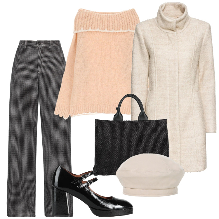 Outfit donna - Pesca e vichy. Stile Bon Ton per Tutti i giorni. Abbinamento con cappotti, décolleté, pantaloni, borse a mano, maglieria, cappelli e berretti.