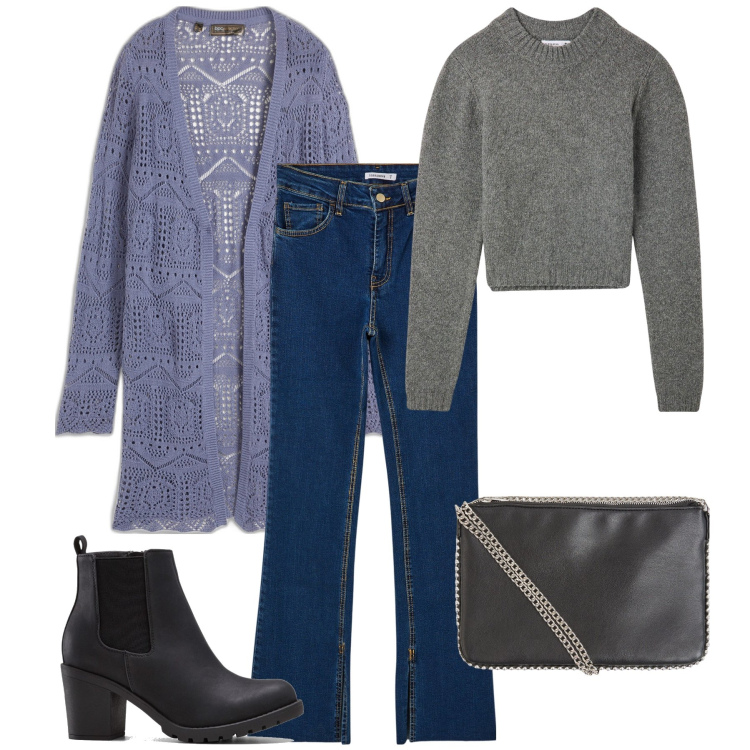 Outfit donna - Il cardigan traforato. Stile Casual chic per Tutti i giorni. Abbinamento con cardigans, stivaletti, borse a tracolla, jeans dritti, maglieria.