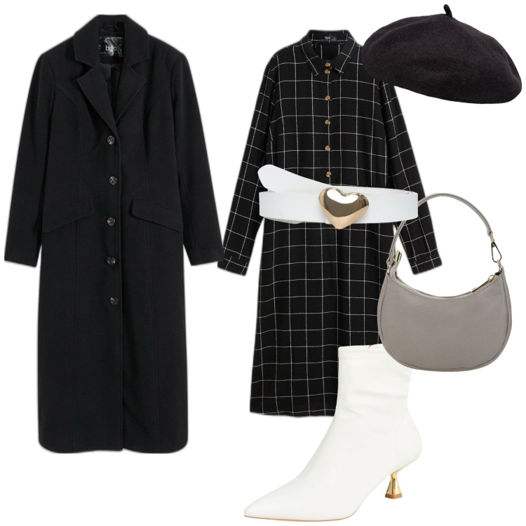 Outfit donna - Ci vediamo al bar. per Tutti i giorni. Abbinamento con cappotti, vestiti midi/longuette, cinture, stivaletti, borse a spalla, cappelli e berretti.