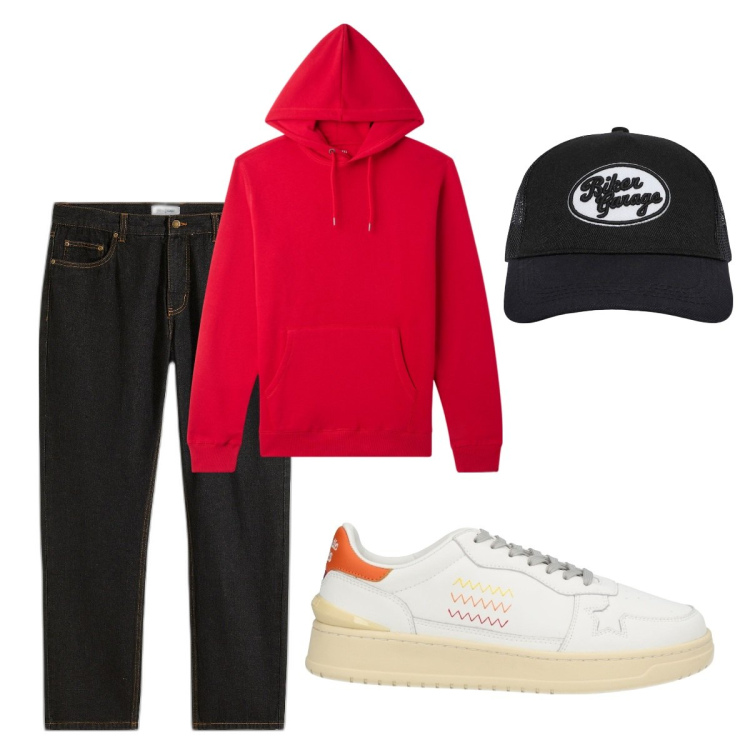 Outfit uomo - Total look #2039728. Stile Casual per Tutti i giorni. Abbinamento con jeans dritti, sneakers, felpe con cappuccio, cappelli.