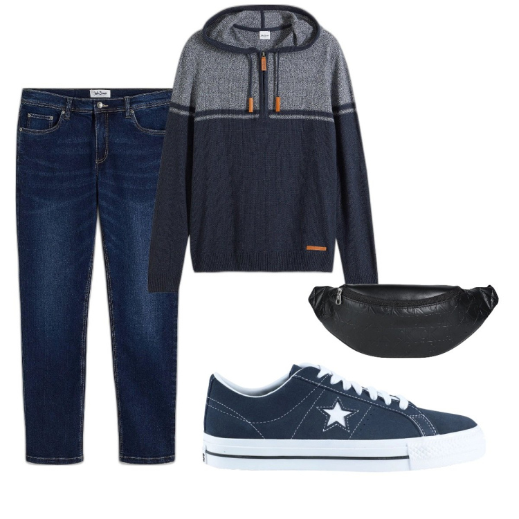 Outfit uomo - Total look #2039734. Stile Casual per Tutti i giorni. Abbinamento con jeans dritti, maglieria, sneakers, borse sportive.