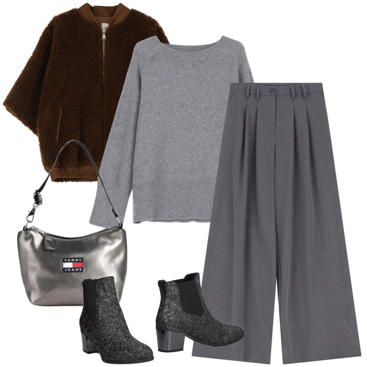 Outfit donna - Gli stivaletti lurex. Stile Casual chic per Serata fuori. Abbinamento con stivaletti chelsea, borse a mano, pantaloni, maglieria, bomber.