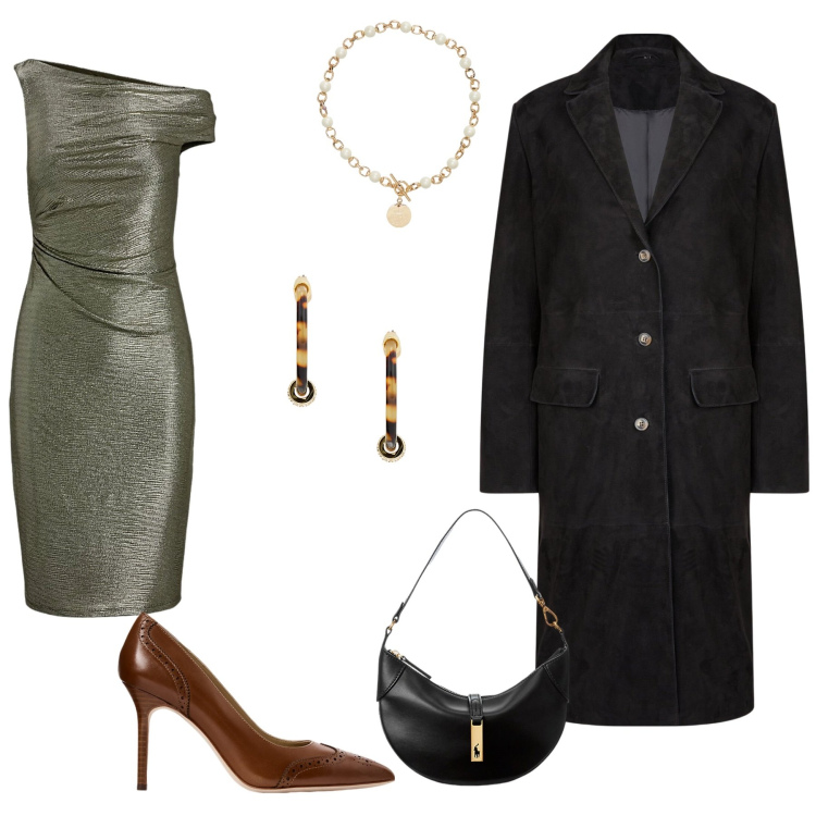 Outfit donna - Serata a teatro. Stile Glamour per Serata fuori. Abbinamento con borse a spalla, collane, vestiti asimmetrici, décolleté, orecchini, cappotti.