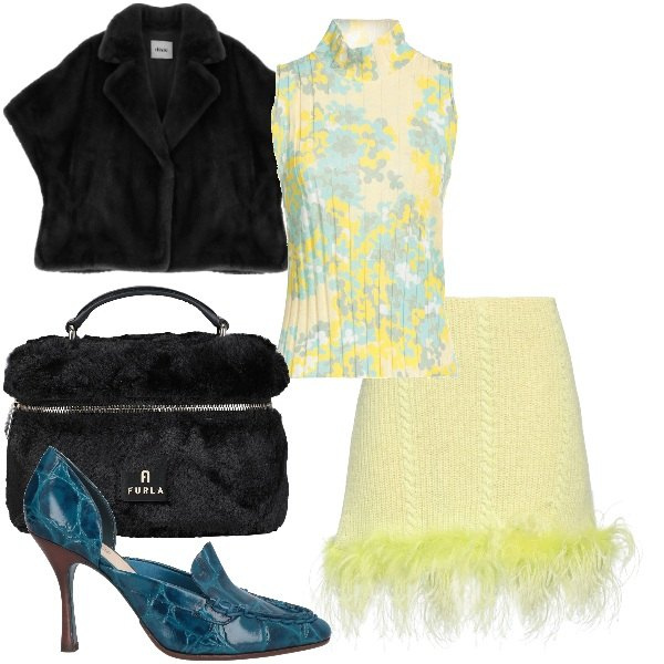 Outfit donna - la gonna gialla con le piume. Stile Trendy per Serata fuori. Abbinamento con minigonne, décolleté, borse a mano, maglieria, blazer.