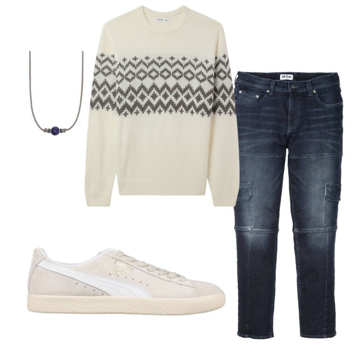 Outfit uomo - Total look #2039741. Stile Casual per Tutti i giorni. Abbinamento con jeans slim fit, sneakers, maglieria, collane.
