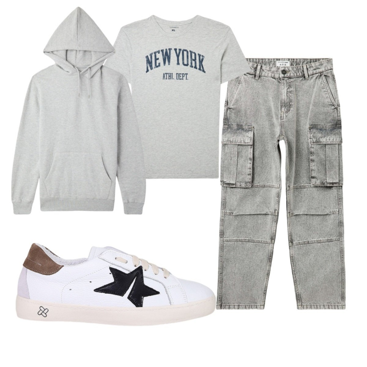 Outfit uomo - Total look #2039744. Stile Casual per Tutti i giorni. Abbinamento con t-shirt, jeans, felpe con cappuccio, sneakers.