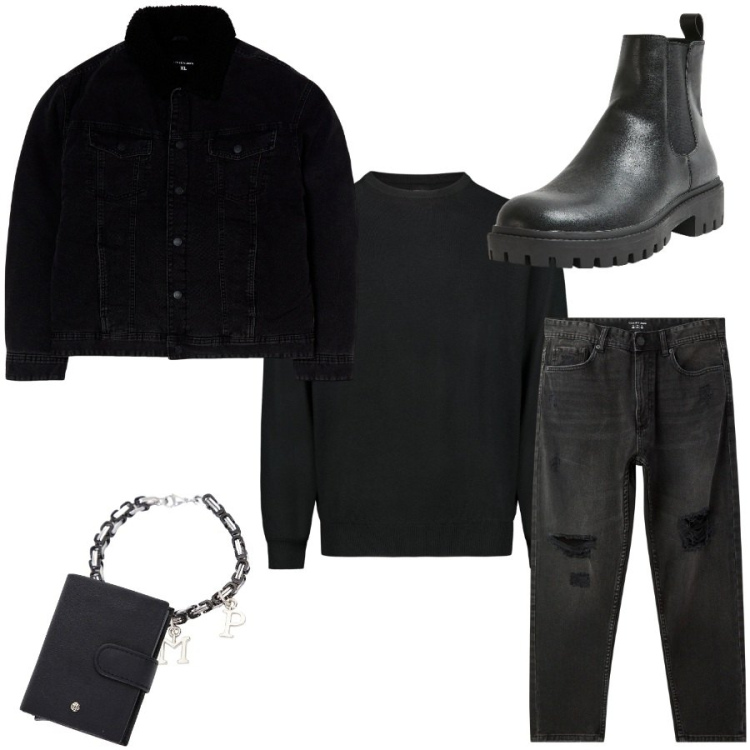 Outfit uomo - Outfit Total black. Stile Casual per Tutti i giorni. Abbinamento con jeans strappati, stivali e stivaletti, giacche, braccialetti, portafogli, maglieria.