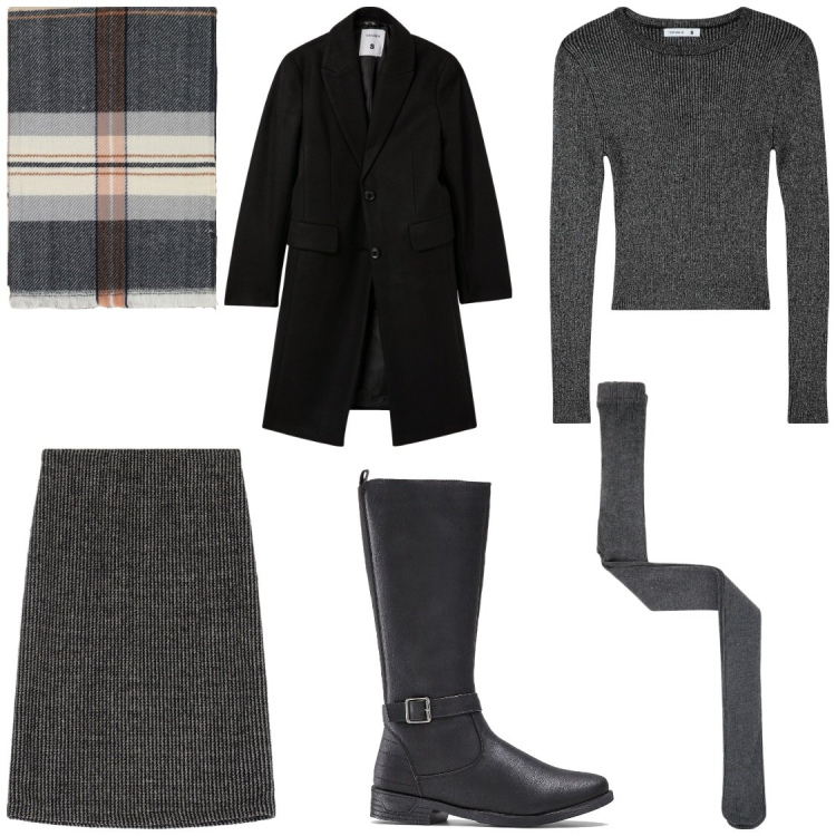 Outfit donna - Low cost. Stile Chic per Tutti i giorni. Abbinamento con stivali, collant, cappotti, maglieria, sciarpe, gonne longuette.