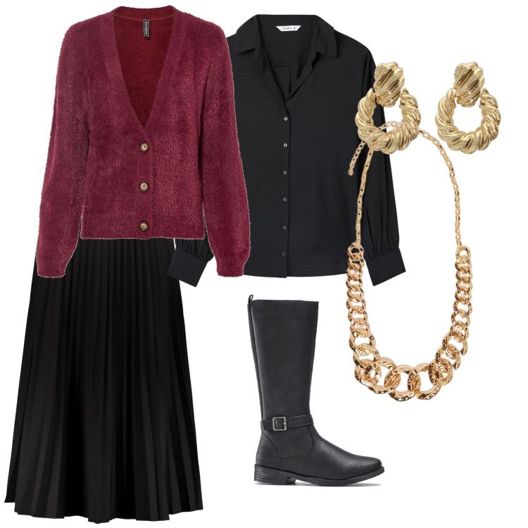 Outfit donna - Al compleanno di Rita. per Serata fuori. Abbinamento con cardigans, stivali, camicie, orecchini, gonne lunghe, collane.