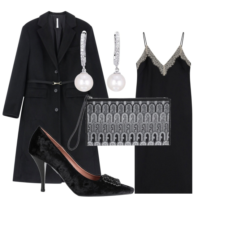 Outfit donna - Black night. Stile Glamour per Serata fuori. Abbinamento con décolleté, borse a mano, orecchini, vestiti midi/longuette, cappotti.