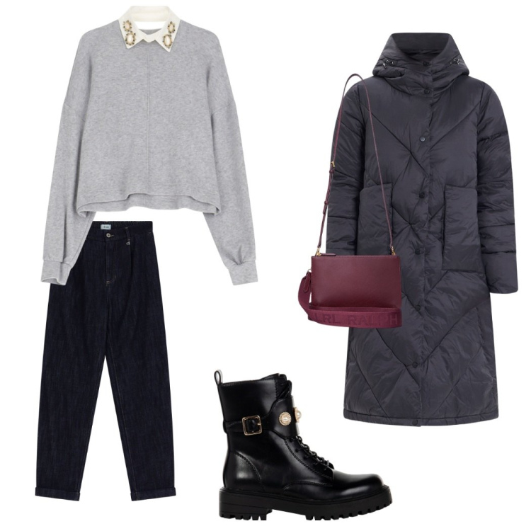Outfit donna - Gli anfibi. Stile Urban per Tutti i giorni. Abbinamento con piumini, anfibi, pullovers, pantaloni chino, borse a tracolla.
