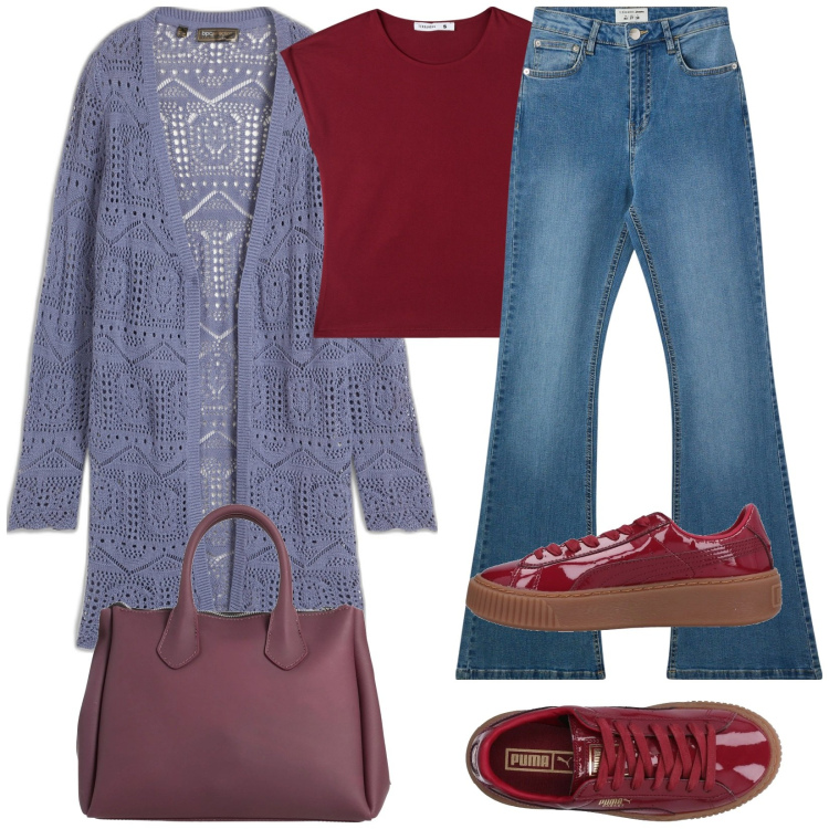Outfit donna - Il jeans a zampa. Stile Basic per Tutti i giorni. Abbinamento con sneakers, borse a mano, cardigans, jeans a zampa, t-shirt.