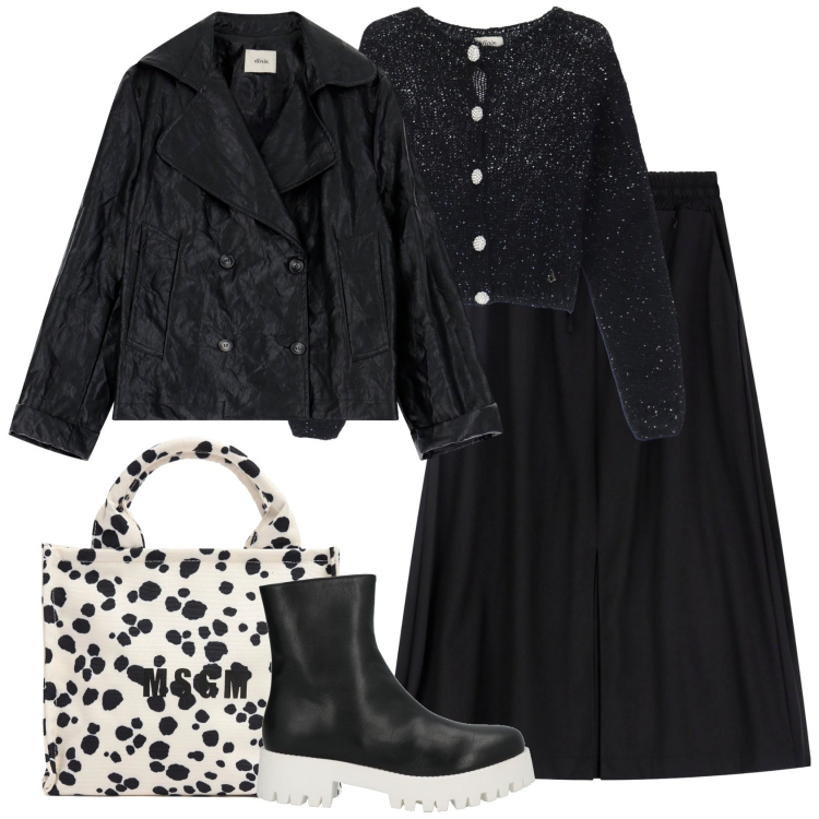 Outfit donna - Texture mix in black. Stile Urban per Tutti i giorni. Abbinamento con stivaletti, gonne longuette, cardigans, blazer, shopping bag.