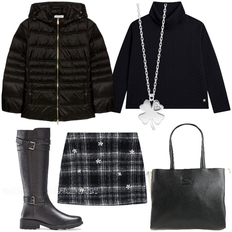 Outfit donna - Fiori e quadri. Stile Casual chic per Serata fuori. Abbinamento con stivali, borse a mano, collane, maglieria, minigonne, piumini.