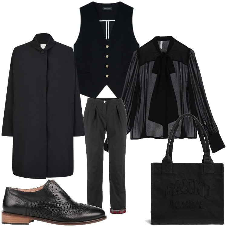 Outfit donna - Mannish black. Stile Mannish per Ufficio. Abbinamento con pantaloni, scarpe stringate, camicie, trench, gilet, shopping bag.
