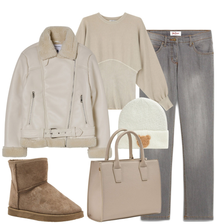 Outfit donna - City. Stile Casual per Tutti i giorni. Abbinamento con jeans dritti, shopping bag, stivaletti, blazer, berretti, maglieria.