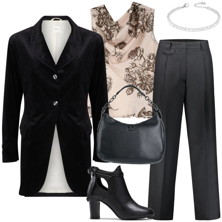 Outfit donna - Impeccabile sul lavoro. Stile Bon Ton per Ufficio. Abbinamento con stivaletti, borse a mano, top, braccialetti, blazer, pantaloni.