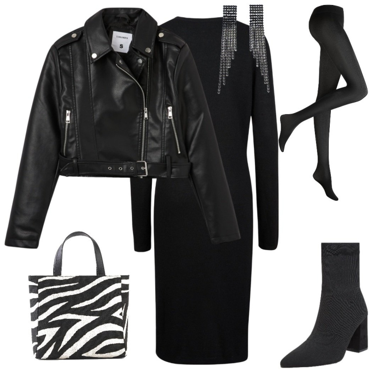 Outfit donna - Chiodo in ecopelle. Stile Trendy per Serata fuori. Abbinamento con borse a mano, collant, stivaletti, giacche, orecchini, vestiti midi/longuette.
