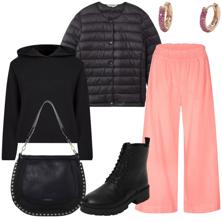 Outfit donna - Pantaloni color pesca. Stile Urban per Tutti i giorni. Abbinamento con pantaloni culotte, borse a spalla, anfibi, piumini, orecchini, maglieria.