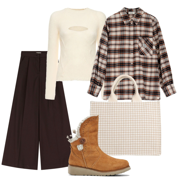 Outfit donna - Tartan sul marrone. Stile Bon Ton per Tutti i giorni. Abbinamento con stivali, borse a mano, camicie, pantaloni a palazzo, maglieria.