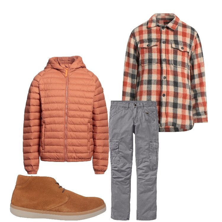Outfit uomo - Color vitamina. Stile Casual per Tutti i giorni. Abbinamento con pantaloni cargo, camicie, stivali e stivaletti, piumini.