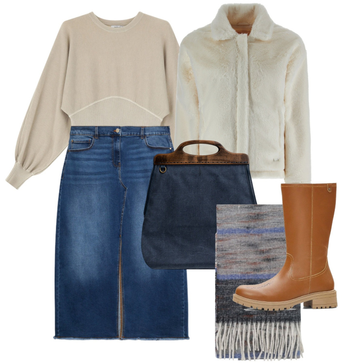 Outfit donna - Denim time. Stile Casual chic per Tutti i giorni. Abbinamento con stivali, maglieria, foulard, cappotti, borse a tracolla, gonne lunghe.