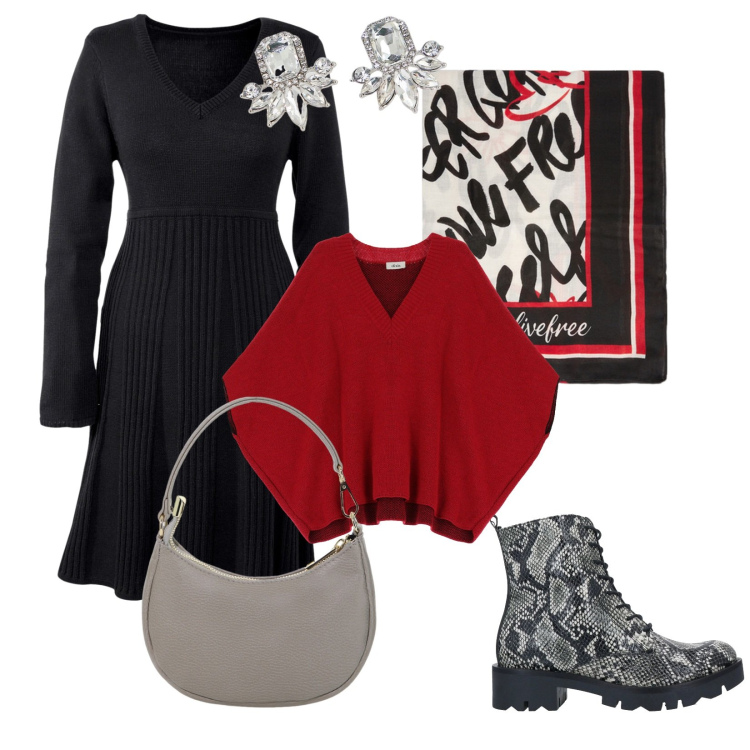 Outfit donna - Andiamo da Sara. per Serata fuori. Abbinamento con vestiti, stivaletti, cappotti, borse a spalla, orecchini, foulard.