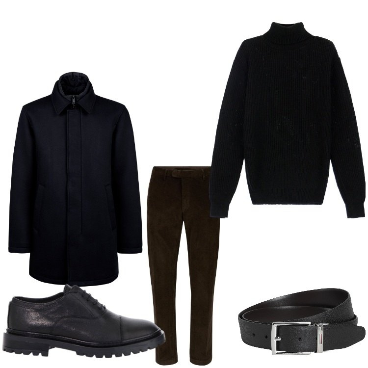 Outfit uomo - Mr. Black. Stile Business/Elegante per Ufficio. Abbinamento con cinture, scarpe stringate, maglieria, pantaloni, cappotti.