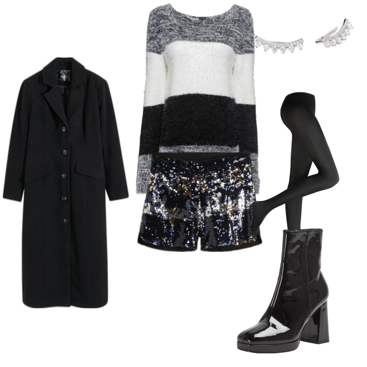 Outfit donna - Stasera a casa di amici. per Serata fuori. Abbinamento con collant, cappotti, shorts, maglieria, stivaletti, orecchini.