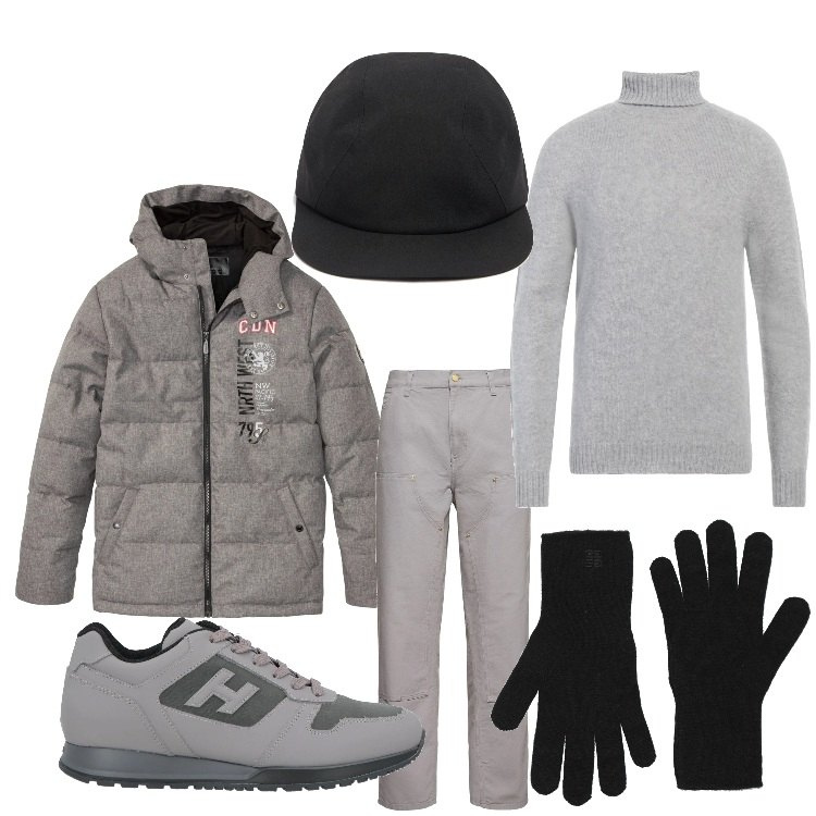 Outfit uomo - Grigio inverno. Stile Casual per Tutti i giorni. Abbinamento con giacche, maglieria, sneakers, guanti, pantaloni, cappelli.