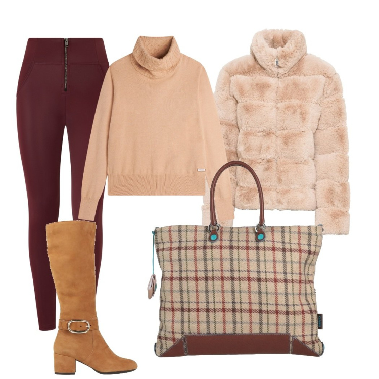 Outfit donna - Al supermercato. Stile Basic per Tutti i giorni. Abbinamento con ecopellicce, borse a mano, stivali, pantaloni skinny, maglieria.