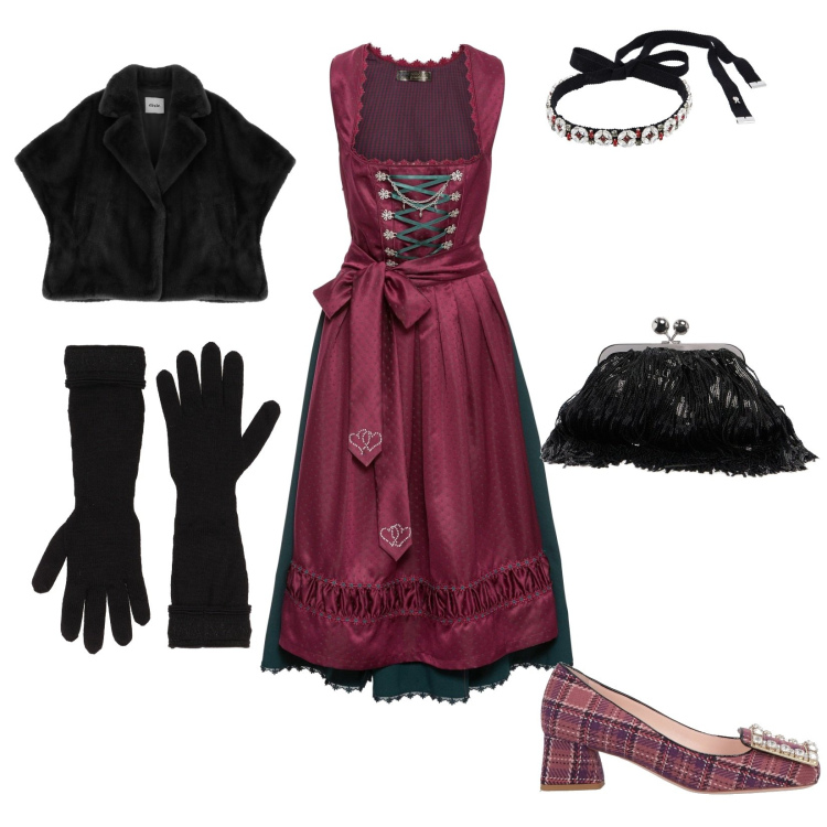 Outfit donna - Un ballo in maschera. per Serata fuori. Abbinamento con vestiti, guanti, décolleté, blazer, collane, pochette.