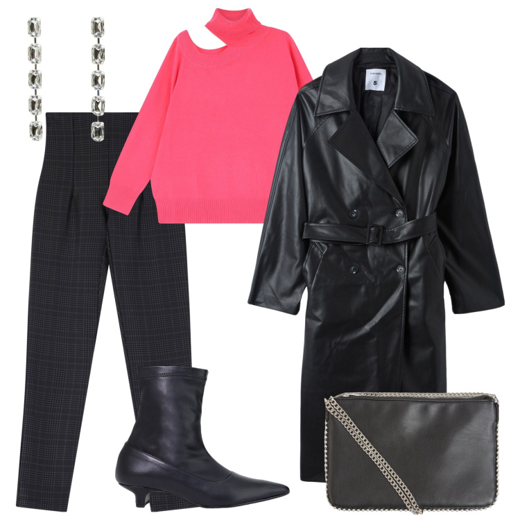 Outfit donna - Il trench in ecopelle!. Stile Glamour per Tutti i giorni. Abbinamento con borse a tracolla, trench, orecchini, pantaloni, maglieria, stivaletti.