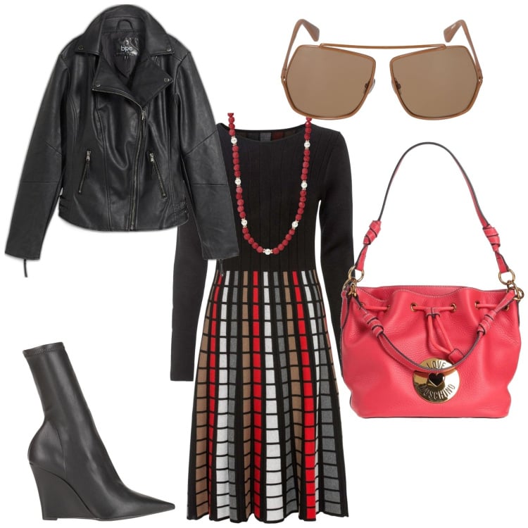Outfit donna - Eleganza casual. Stile Vintage retrò per Tutti i giorni. Abbinamento con vestiti, blazer, borse a secchiello, stivaletti, collane, occhiali da sole.