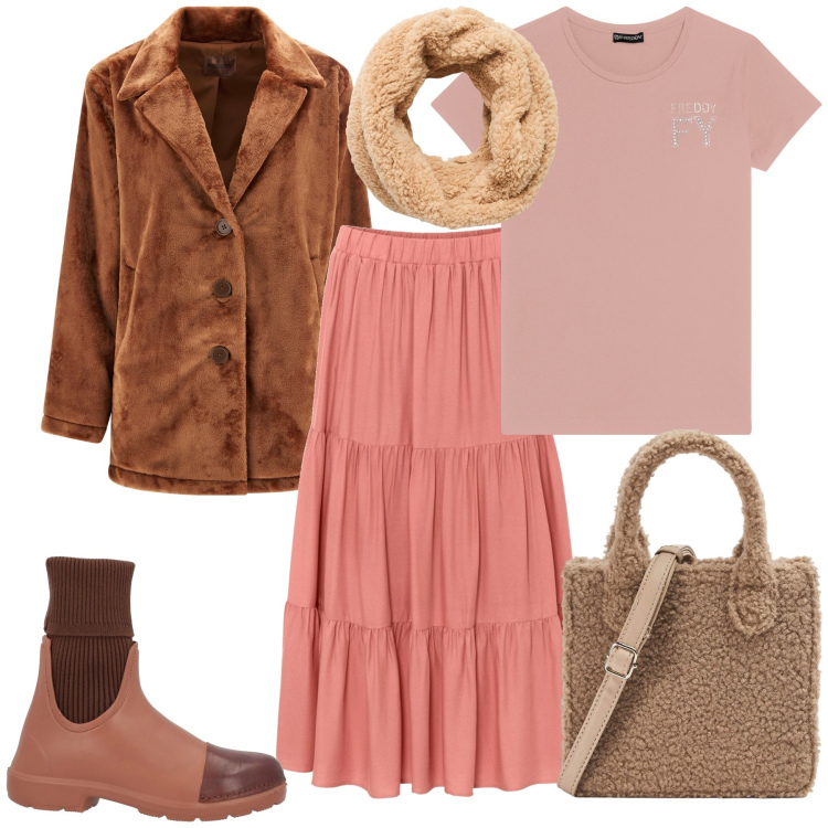 Outfit donna - La gonna estiva in inverno. Stile Trendy per Tutti i giorni. Abbinamento con gonne longuette, stivaletti chelsea, shopping bag, sciarpe, cappotti, t-shirt.