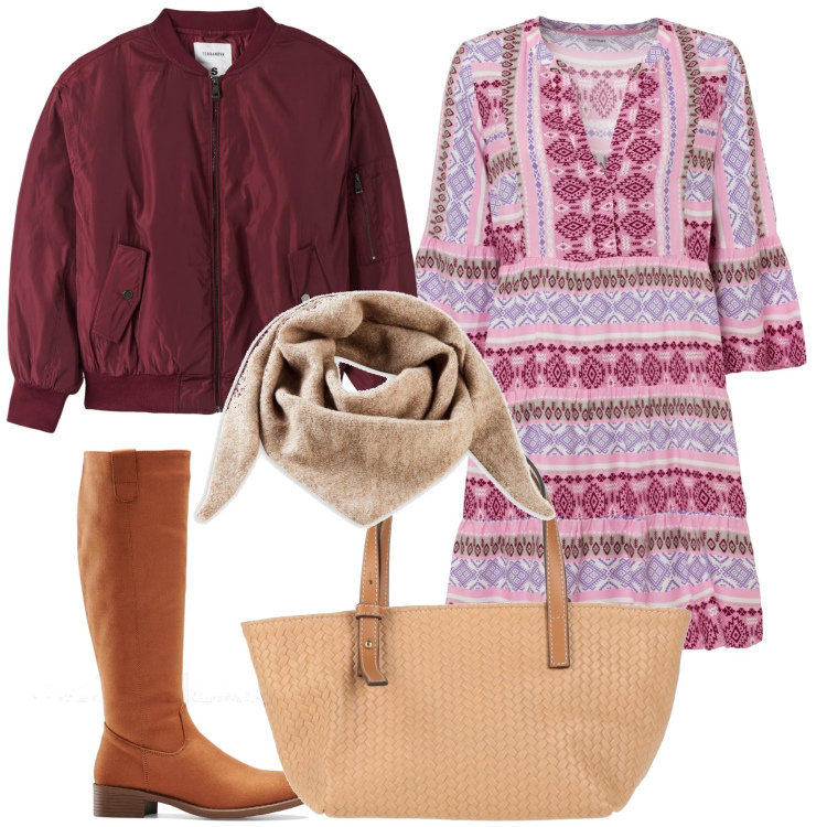 Outfit donna - Bohemien style. Stile 70s per Tutti i giorni. Abbinamento con stivali, vestiti, foulard, borse a mano, bomber.