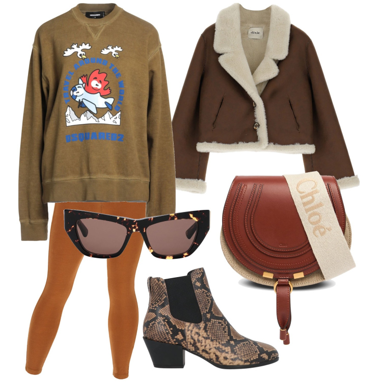 Outfit donna - Mix chic. Stile Trendy per Tutti i giorni. Abbinamento con felpe, stivaletti chelsea, occhiali da sole, pantaloni skinny, blazer, borse a spalla.