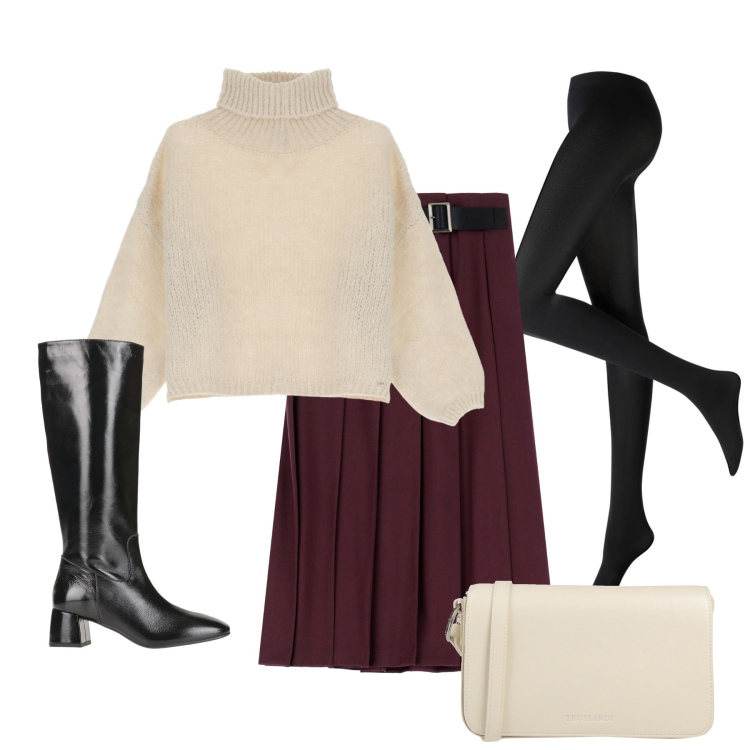 Outfit donna - Gonna bordeaux. Stile Casual chic per Serata fuori. Abbinamento con collant, stivali, borse a tracolla, gonne longuette, maglieria.